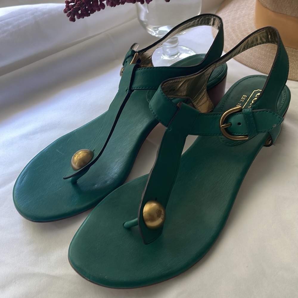 Coach turquoise teal leather sandals, stacked heel. Size 9.5